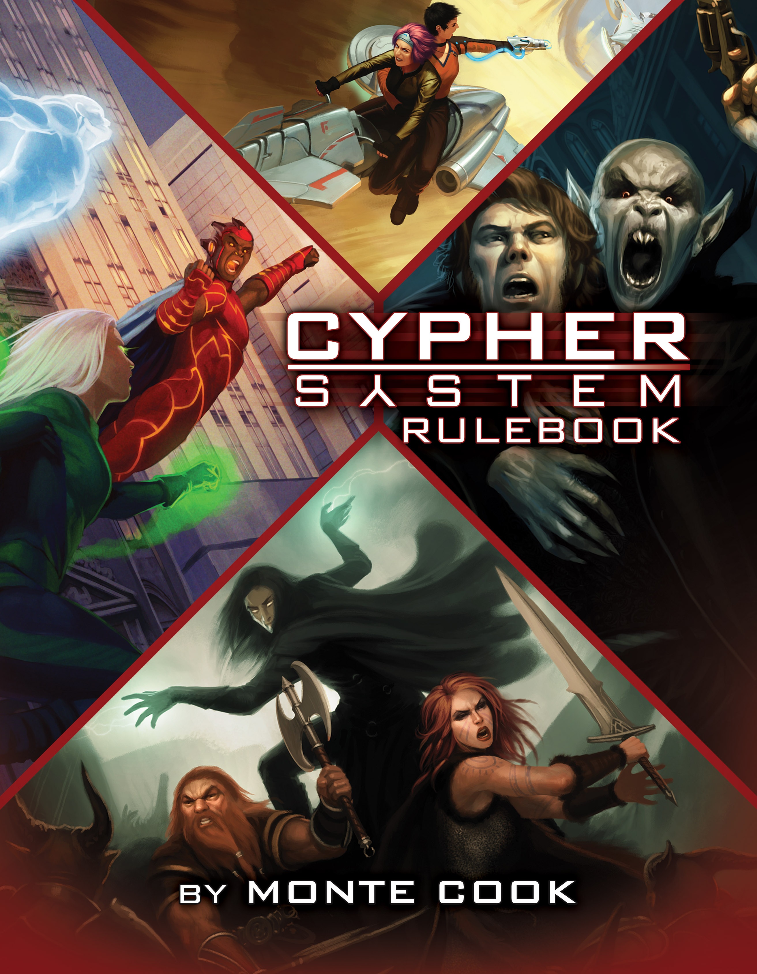 Cypher System Corebook cover. Shows images from superhero, horror, scifi, and fantasy scenarios